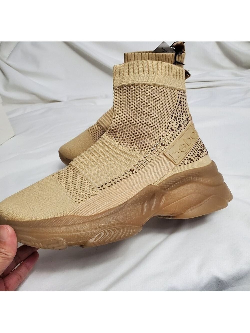 Bebe Sport Beige Rhinestone Sock Sneakers Size 7